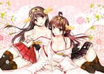  black_hair boots breasts brown_hair cleavage covering covering_one_breast detached_sleeves floral_print frilled_skirt frills genjiguruma gunp hairband haruna_(kantai_collection) japanese_clothes kantai_collection kongou_(kantai_collection) long_hair medium_breasts multiple_girls nontraditional_miko off_shoulder open_mouth parted_lips petals ribbon-trimmed_sleeves ribbon_trim skirt thigh_boots thigh_gap thighhighs zettai_ryouiki 