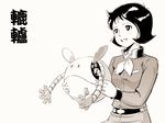  commentary frau_bow freckles grin gundam haro military military_uniform monochrome nippori_honsha potters_wheel_pose sepia short_hair simple_background smile translated uniform 