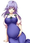  absurdres alternate_hair_length alternate_hairstyle blue_eyes braid breasts highres izayoi_sakuya large_breasts long_hair maid pregnant silver_hair simple_background smile solo touhou tro twin_braids white_background 
