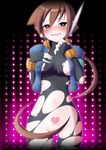  aile bodysuit breasts brown_hair gloves groin hair_censor heart heart-shaped_pupils long_hair medium_breasts navel pubic_tattoo rockman rockman_zx semikichi shorts solo spandex symbol-shaped_pupils tattoo 
