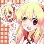  :3 ahoge blonde_hair blush blush_stickers brown_eyes chibi heterochromia long_hair original reimin school_uniform side_ponytail skirt smile thighhighs wall-eyed yellow_eyes 