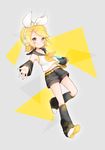  bad_id bad_pixiv_id belt blonde_hair blue_eyes boots bow detached_sleeves hair_bow hair_ornament hairclip headset kagamine_rin knee_boots looking_at_viewer mnmktn sailor_collar short_hair shorts smile solo vocaloid 