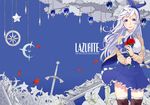  blue_eyes boots branch cardigan flower hair_ribbon hairband lily_(flower) original retsuna ribbon skirt solo sword thigh_boots thighhighs weapon white_hair zettai_ryouiki 