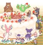  1girl cake christmas eevee espurr food gen_1_pokemon gen_2_pokemon gen_3_pokemon gen_4_pokemon gen_5_pokemon gen_6_pokemon honedge joltik kirlia klefki lucario meowstic miuta no_humans oshawott pikachu piplup pokemon pokemon_(creature) reuniclus sylveon ursaring 