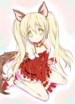  animal_ears bare_legs bare_shoulders bell blonde_hair blush choker christmas elbow_gloves elin_(tera) emily_(pure_dream) fox_ears fox_tail gloves green_eyes jingle_bell long_hair looking_at_viewer red_gloves santa_costume sitting solo tail tera_online twintails wariza 