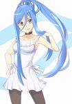  aoki_hagane_no_arpeggio black_legwear blue_eyes blue_hair breasts choker dress hair_between_eyes hand_on_hip long_hair medium_breasts mole mole_under_mouth pantyhose personification ponytail simple_background solo takao_(aoki_hagane_no_arpeggio) very_long_hair white_background white_dress yagara_(kishimen_f) 