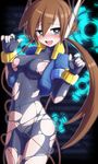  aile blue_eyes blush bodysuit brown_hair covered_navel cropped_jacket headset heart heart-shaped_pupils ponytail rockman rockman_zx rockman_zx_advent semikichi solo symbol-shaped_pupils torn_clothes 