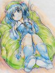  backpack bag blue_eyes blue_hair blush boots colored_pencil_(medium) commentary_request hair_bobbles hair_ornament hat highres kawashiro_nitori key kitazinger short_hair solo touhou traditional_media two_side_up 