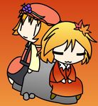  :3 =_= aki_minoriko aki_shizuha closed_eyes dress food fruit grapes hair_ornament hat kirbym leaf_hair_ornament md5_mismatch multiple_girls orange_hair rock sitting sitting_on_rock smile touhou |_| 