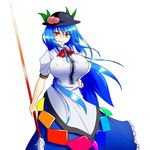  1:1 1girl blue_hair breasts covered_nipples dress erect_nipples female hat hinanawi_tenshi huge_breasts long_hair long_skirt red_eyes simple_background skirt smile solo staff standing taiga_isaka touhou white_background 