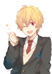  ;d bad_id bad_pixiv_id blonde_hair free! hazuki_nagisa male_focus melo_(m_0514) necktie one_eye_closed open_mouth red_eyes school_uniform smile solo star thumbs_up 