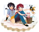  1girl apple-boy bare_legs barefoot bird blue_eyes braid bucket cat chinese_clothes dual_persona duck genderswap genderswap_(mtf) hibiki_ryouga highres mousse mousse_(duck) neck off_shoulder p-chan pig ranma-chan ranma_1/2 red_hair saotome_ranma shampoo_(ranma_1/2) short_hair shorts single_braid sitting sitting_on_lap sitting_on_person tangzhuang 