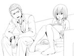  1girl blazer casual child chips couch feet_on_chair food formal greyscale hina_(hinamatsuri) hinamatsuri_(manga) hood hoodie jacket kou2080 monochrome nitta_yoshifumi pantyhose potato_chips reading scar short_hair sitting suit yakuza 