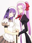  alternate_costume alternate_hairstyle apron bad_id bad_pixiv_id bow enmaided fate/stay_night fate_(series) glasses hair_bow juliet_sleeves long_sleeves maid maid_headdress matou_sakura multiple_girls open_mouth ponytail puffy_sleeves purple_eyes purple_hair rider smile taa_(acid) 