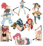  ahoge akane_(pokemon) ankle_boots ass asuna_(pokemon) bad_id bad_tumblr_id blue_legwear blue_panties boots breasts chimerism clothes_around_waist cropped_legs crossed_ankles denim denim_shorts fusion gonzozeppeli hair_ornament hairclip hexafusion large_breasts loafers long_hair lying midriff miniskirt multiple_girls navel on_back on_side one_eye_closed panties pantyshot pantyshot_(lying) pillow pink_hair poke_ball pokemon pokemon_(game) red_eyes red_hair revision shoes shorts skirt smile striped striped_legwear suzuna_(pokemon) sweater sweater_around_waist template thighhighs twintails underwear white_panties wristband 