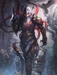  animal arm_blade armor artist_name belt bird cloak crow echo-cs flying greaves hood hooded_cloak league_of_legends looking_at_viewer male_focus outdoors red_eyes shoulder_pads snowing solo standing talon_(league_of_legends) tree weapon wings 