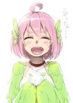  ahoge bad_id bad_pixiv_id blush closed_eyes feathered_wings feathers green_wings harpy harpy_(nukomasu) head_feathers monster_girl nukomasu original pink_hair short_hair smile solo translation_request upper_body wings 