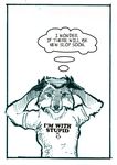  border canine claws clothing comic dialog english_text fox fur hair hands_behind_head looking_at_viewer male mammal mulefoot paws plain_background shirt slop solo standing text thought_bubble white_background 