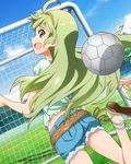  :d ahoge aqua_eyes artist_request ass ball goal green_hair hairband idolmaster idolmaster_million_live! long_hair looking_back official_art open_mouth sandals shimabara_elena shorts smile soccer_ball 