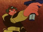  80s animated animated_gif goggles gun handgun jiron_amos lowres mecha oldschool pistol red_hair reloading rifle sentou_mecha_xabungle shadow weapon xabungle xabungle_(mecha) 