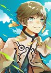  blue_background brown_hair capelet cloud day earrings feathers green_eyes jewelry male_focus sky smile solo sorey_(tales) tales_of_(series) tales_of_zestiria vasimoneta 