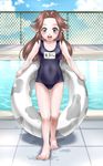  :d barefoot blue_eyes blush brown_hair chain-link_fence contemporary covered_navel feet fence full_body highres innertube long_hair malon name_tag one-piece_swimsuit open_mouth pointy_ears pool poolside school_swimsuit smile solo standing swimsuit the_legend_of_zelda the_legend_of_zelda:_ocarina_of_time thigh_gap toes wasabi_(legemd) water wet 