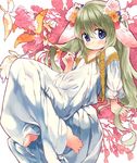  animal_ears arm_support bad_id bad_pixiv_id barefoot blue_eyes blush bunny_ears ears_down eyes_visible_through_hair feet flower green_hair hair_flower hair_ornament holding holding_flower lace-trimmed_sleeves long_hair looking_at_viewer mutou_mato original reclining ribbon robe smile solo white_robe 