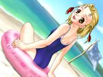  1girl adachi_rika beach blonde_hair blush game_cg green_eyes innertube joy_ride libido looking_at_viewer looking_back one-piece_swimsuit outdoors pinup_girls short_hair sky small_breasts smile solo swimsuit water 