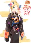  1girl 2019 abigail_williams_(fate/grand_order) absurdres animal arrow bangs black_kimono blonde_hair blue_bow blue_eyes blush boar bow chinese_zodiac closed_mouth commentary_request egasumi fate/grand_order fate_(series) floral_print flower forehead hair_bun hair_flower hair_ornament hamaya happy_new_year highres holding_arrow japanese_clothes kimono long_hair long_sleeves new_year obi parted_bangs pink_bow pink_flower print_kimono sash sidelocks smile solo striped striped_bow wide_sleeves year_of_the_pig yukaa 
