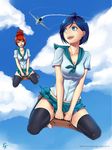  aircraft airplane bag blue_eyes blue_hair breasts cleavage cloud day flying hello_kitty highres jet loafers long_hair medium_breasts midair multiple_girls original ponytail red_eyes red_hair satchel school_uniform shoes short_hair silent-fly skirt sky smile thighhighs zettai_ryouiki 