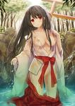  black_hair blush breasts convenient_censoring forest hakama japanese_clothes long_hair medium_breasts miko nature nipples off_shoulder original red_eyes red_hakama rock rope sash see-through shimenawa smile solo torii tree wading water wet wet_clothes yuuki_rika 