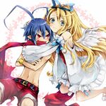  1girl angel_wings antenna_hair bare_shoulders blonde_hair blue_eyes blush detached_sleeves disgaea earrings fang flonne hug hug_from_behind jewelry kooma laharl long_hair navel open_mouth pointy_ears red_eyes red_shorts ribbon scarf shorts smile star white_bloomers wings 