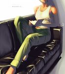  ace_combat ace_combat_5 bare_shoulders barefoot black_hair book cargo_pants collarbone couch cup english head_out_of_frame holding kei_nagase lips pants pen pilot short_hair sitting tank_top 