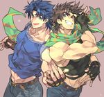  abs back-to-back belt blue_eyes blue_hair brown_hair denim fingerless_gloves gloves grandfather_and_grandson grin jeans jojo_no_kimyou_na_bouken jonathan_joestar joseph_joestar_(young) looking_at_viewer male_focus multiple_boys muscle one_eye_closed pants pose scarf shirt_lift simple_background skin_tight sleeveless sleeves_rolled_up smile star striped striped_scarf toujou_sakana 