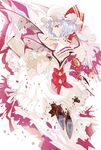  adapted_costume arm_strap bat_wings blue_hair book dress hat hat_ribbon high_heels kyer looking_at_viewer looking_back mob_cap pocket_watch red_eyes remilia_scarlet ribbon solo teapot touhou watch white_dress wings 