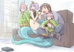  3girls ahoge bad_id bad_pixiv_id bookshelf brown_hair circlet controller couch crop_top crossed_legs feathered_wings feathers game_console game_controller green_wings halterneck harpy harpy_(nukomasu) head_feathers juice_box lamia monster_girl multiple_girls navel nejitsu_(nukomasu) nukomasu original pink_hair playing_games purple_eyes purple_hair scales short_hair sitting sitting_on_lap sitting_on_person socks talons wings 