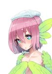 1girl bad_id bad_pixiv_id blush covering covering_breasts feathered_wings feathers green_eyes green_wings harpy harpy_(nukomasu) head_feathers monster_girl nukomasu original pink_hair short_hair solo towel towel_on_head upper_body wings 