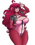  ape apex big_breasts blue_eyes blush breasts cleavage clothed clothing fawn_kong female fur hair huge_breasts mammal monkey one_eye_closed plain_background primate red_fur red_hair salute solo starbound thick_thighs unifawn video_games voluptuous white_background wink 