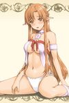  armband asuna_(sao) braid breasts brown_eyes brown_hair cameltoe cleavage ear_covers elf half_updo ishida_masayuki long_hair medium_breasts navel no_pants panties pointy_ears ribbon shiny shiny_skin side-tie_panties sitting skindentation sword_art_online titania_(sao) underwear very_long_hair wariza 