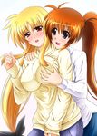  black_ribbon blonde_hair blue_eyes blush breast_grab breasts diesel-turbo fate_testarossa grabbing hair_ribbon large_breasts long_hair lyrical_nanoha mahou_shoujo_lyrical_nanoha multiple_girls open_mouth orange_hair ponytail red_eyes ribbon side_ponytail simple_background smile sweater takamachi_nanoha twintails very_long_hair white_background yuri 