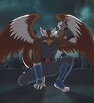  anthro assassin avian beak biceps city claws clothing dragon feathers grey_eyes gryphon hybrid kneeling looking_at_viewer male msobscure muscles night night_sky pose roof scar shadowsky shiny solo sword weapon wings 