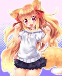  :d animal_ears bad_id bad_pixiv_id bare_shoulders blonde_hair blush choker eyebrows_visible_through_hair fox_ears fox_tail hair_ribbon halftone halftone_background head_tilt layered_skirt long_hair looking_at_viewer miniskirt mutou_mato off-shoulder_sweater open_mouth original pink_eyes puffy_short_sleeves puffy_sleeves ribbon short_sleeves skirt smile solo sweater tail very_long_hair 