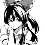  bad_id bad_pixiv_id bare_shoulders black_hair bow fuantei greyscale hair_bow hair_tubes hakurei_reimu hand_on_own_face long_hair looking_at_viewer lowres monochrome ponytail ribbon solo touhou 