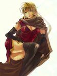  ass bangs blonde_hair boots breasts brown_cape cape cleavage dress fire_emblem fire_emblem:_fuuin_no_tsurugi igrene large_breasts lips lipstick long_hair makeup red_dress short_dress solo thigh_boots thighhighs thighs yellow_eyes 
