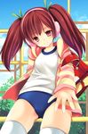  azuma_yuki backpack bag brown_hair buruma earmuffs gym_uniform jacket jungle_gym original outstretched_hand pink_eyes randoseru solo thighhighs twintails white_legwear 