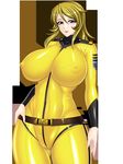  1girl belt black_eyes blonde_hair blush bodysuit breasts curvy hips huge_breasts legs long_hair looking_at_viewer mori_yuki pichipichi_garou_r smile standing thighs uchuu_senkan_yamato uchuu_senkan_yamato_2199 