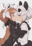  1girl after_kiss animal_ears black_eyes black_gloves blush brown_hair directional_arrow elbow_gloves eyebrows_visible_through_hair eyes_closed fur_collar giant_panda_(kemono_friends) gloves grey_background half-closed_eyes hand_holding kemono_friends lesser_panda_(kemono_friends) multicolored_hair mutual_masturbation noses_touching open_mouth panda_ears profile saliva short_hair simple_background solo tears teranekosu tongue tongue_out two-tone_hair white_hair yuri 