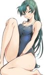  barefoot blush breast_press breasts competition_school_swimsuit earrings fire_emblem fire_emblem:_rekka_no_ken green_eyes green_hair high_ponytail jewelry long_hair lyndis_(fire_emblem) one-piece_swimsuit ponytail shinon_(tokage_shuryou) sitting solo source_request swimsuit 