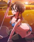  artist_request bikini black_hair black_legwear blush brown_eyes glasses gloves golf_club idolmaster idolmaster_million_live! lens_flare looking_at_viewer low_twintails official_art pose sitting sparkle sunset swimsuit takayama_sayoko thighhighs twintails white_gloves 