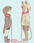  animal_hood blue_eyes blush boots brown_hair cat_hood cat_tail collar dark_skin dark_skinned_male dog_hood dog_tail full_body hood hoodie inazuma_eleven inazuma_eleven_(series) leash male_focus multiple_boys pink_hair red_string shorts string tachimukai_yuuki tail totokotokotoko tsunami_jousuke 